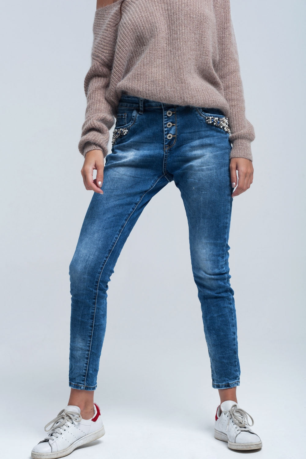 Jean boyfriend bleu à perles