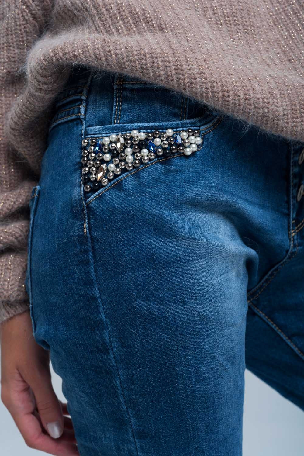 Jean boyfriend bleu à perles