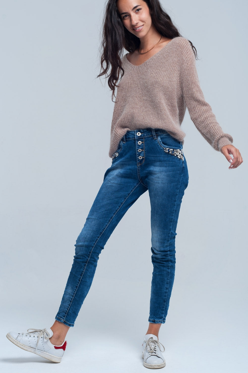 Jean boyfriend bleu à perles
