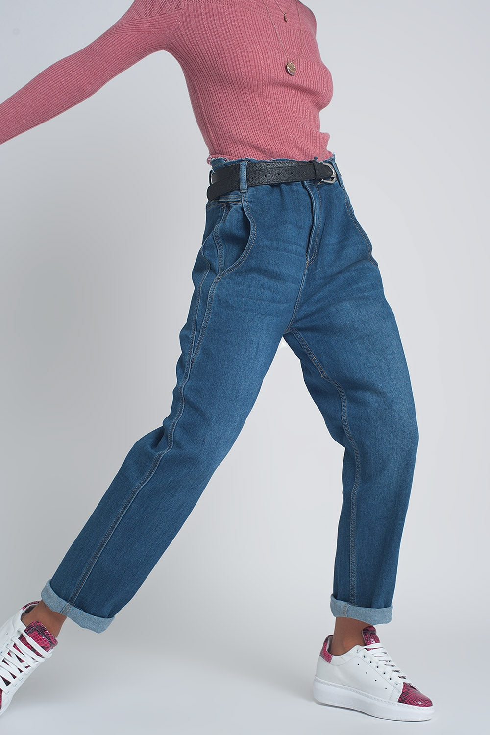 Q2 Jean boyfriend coupe ballon à taille haute en Bleu