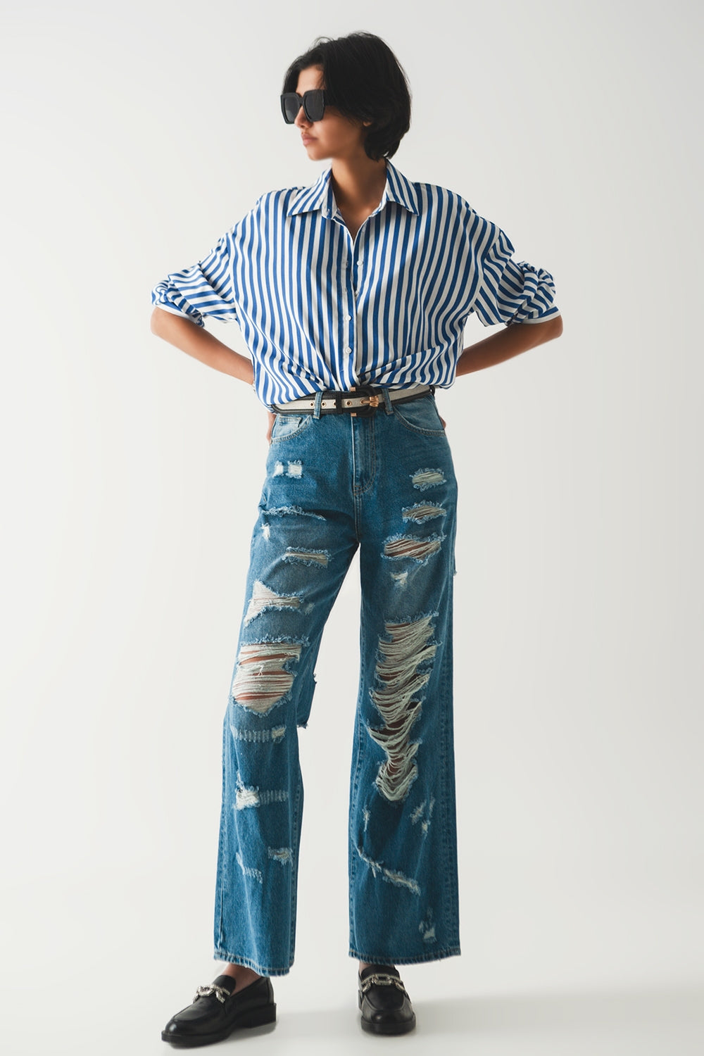Jean boyfriend déchiré bleu