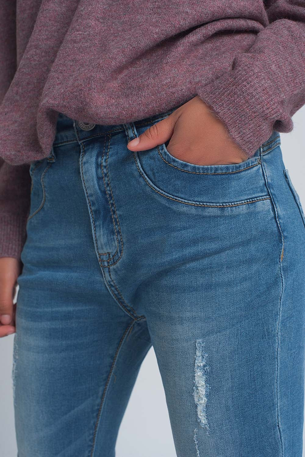 Jean boyfriend en denim fine déchiré délavage moyen