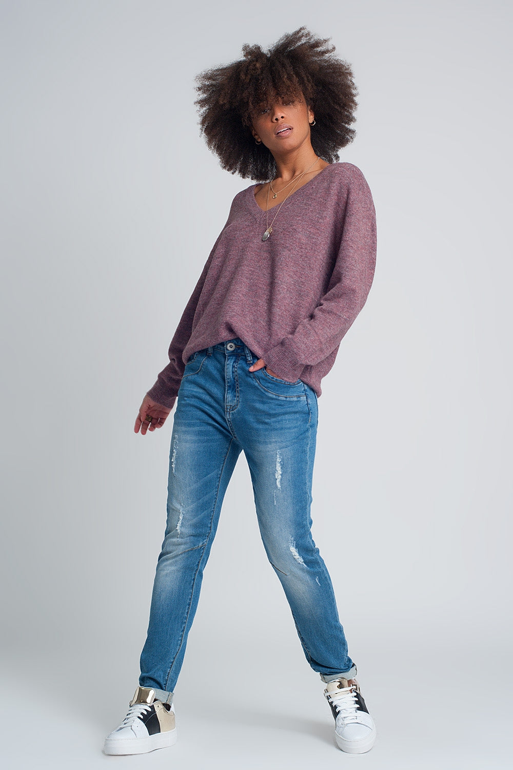 Jean boyfriend en denim fine déchiré délavage moyen