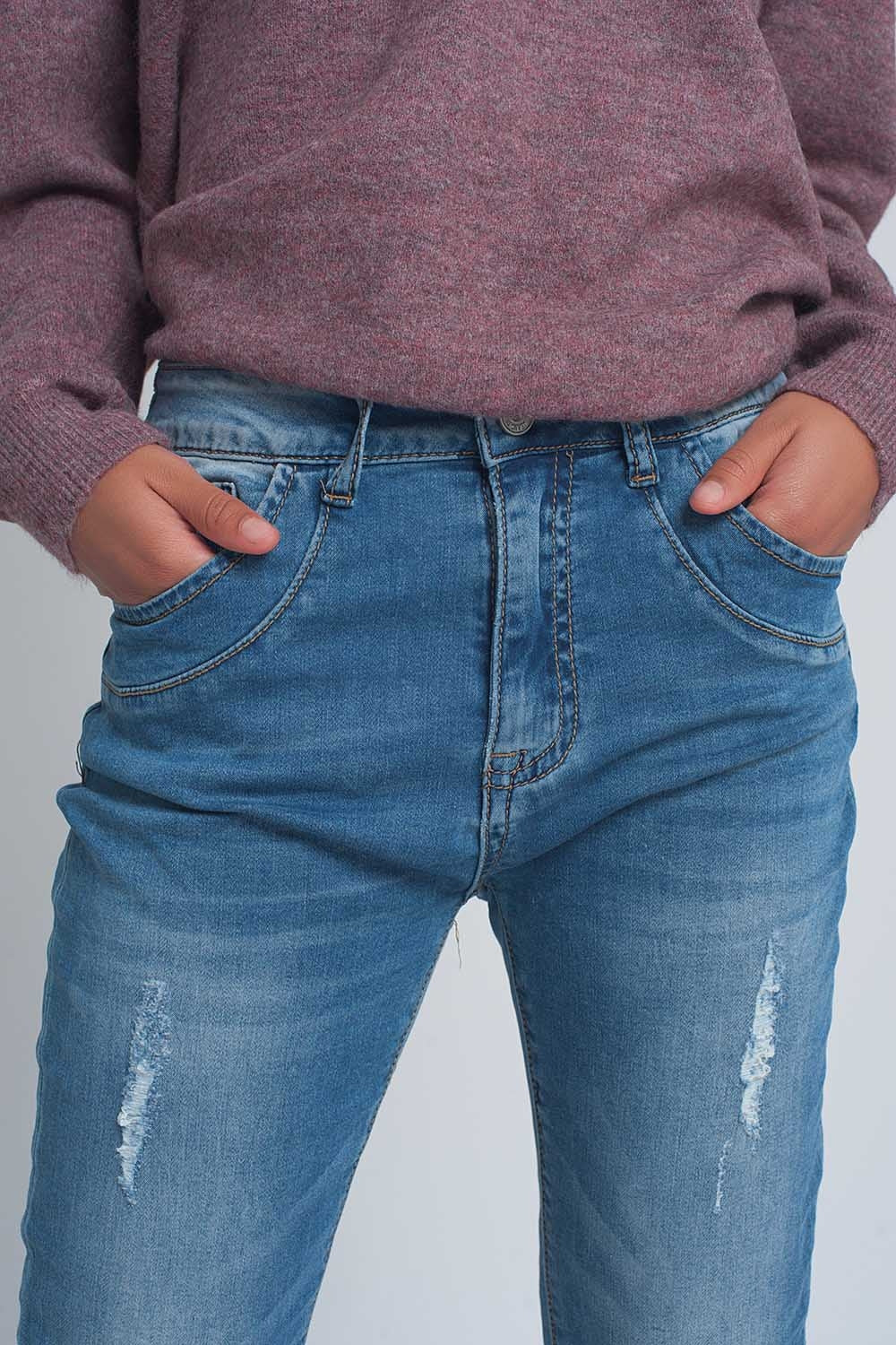 Jean boyfriend en denim fine déchiré délavage moyen