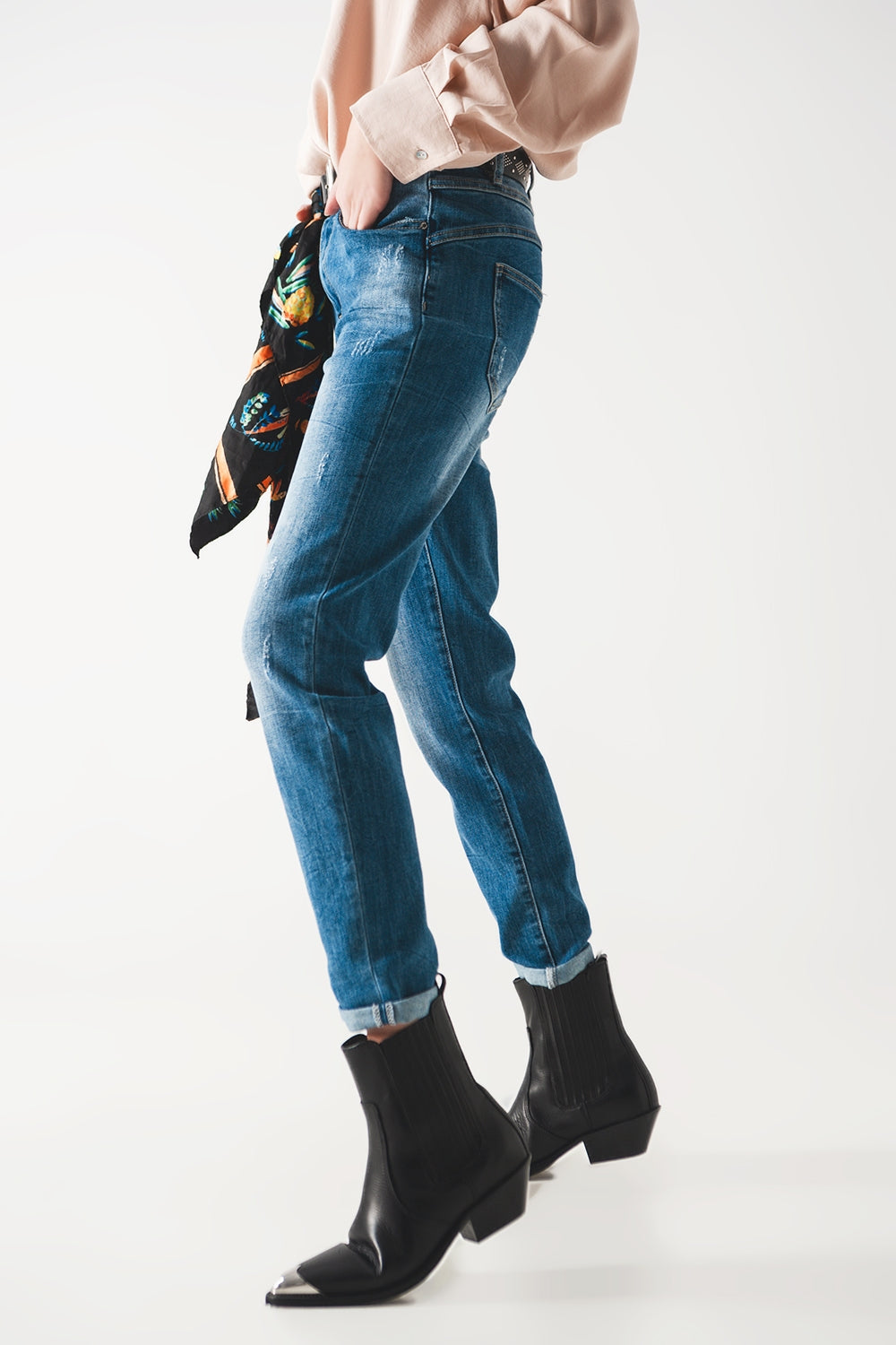 Jean cigarette taille haute à délavage moyen