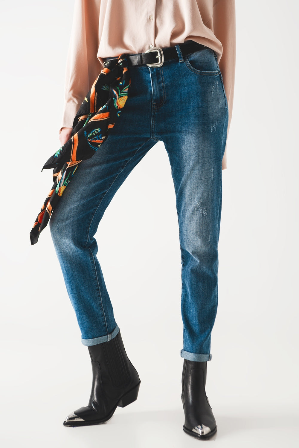 Jean cigarette taille haute à délavage moyen
