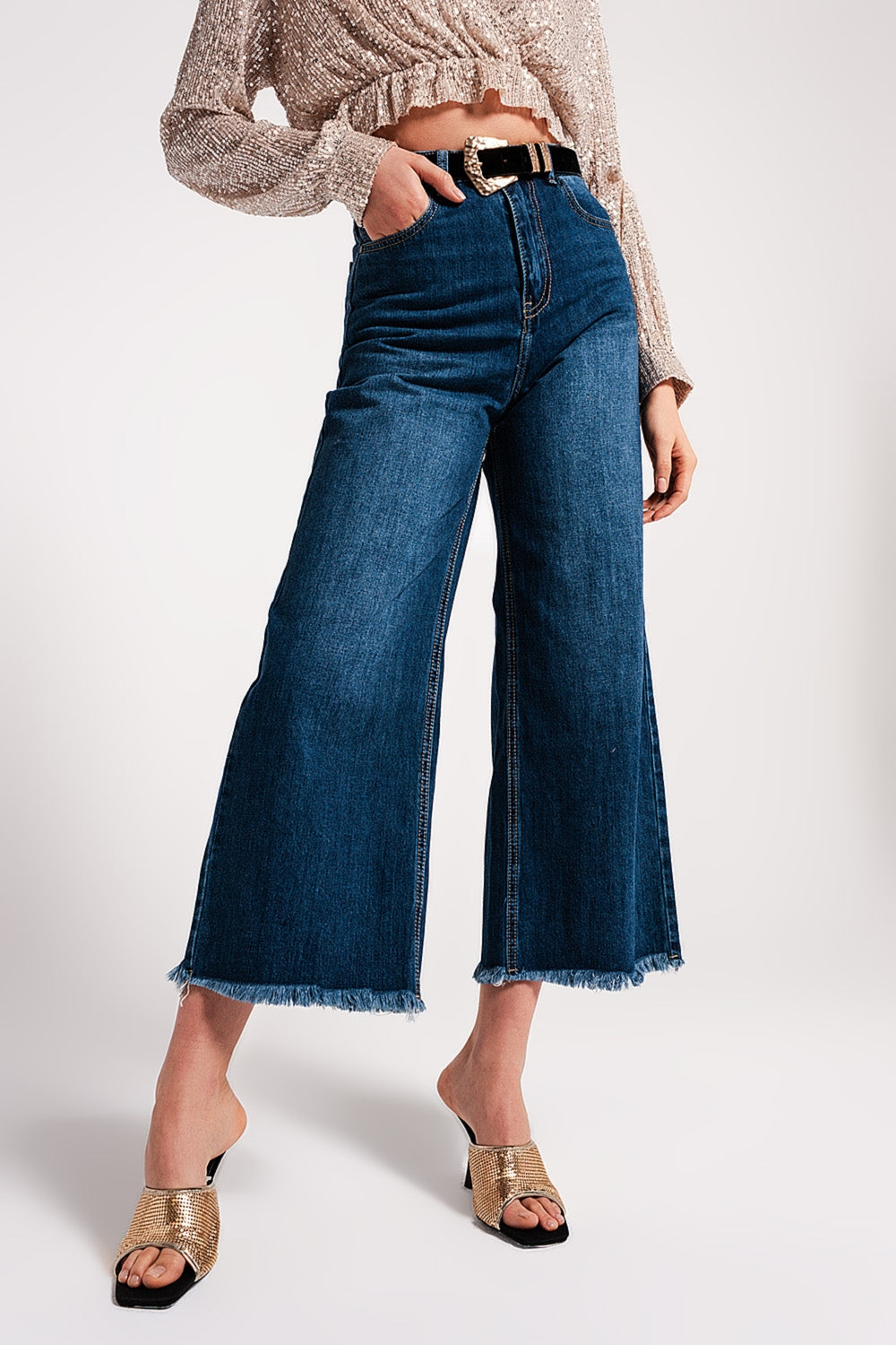 Q2 Jean Cropped déchiré avec ourlet à franges Bleu