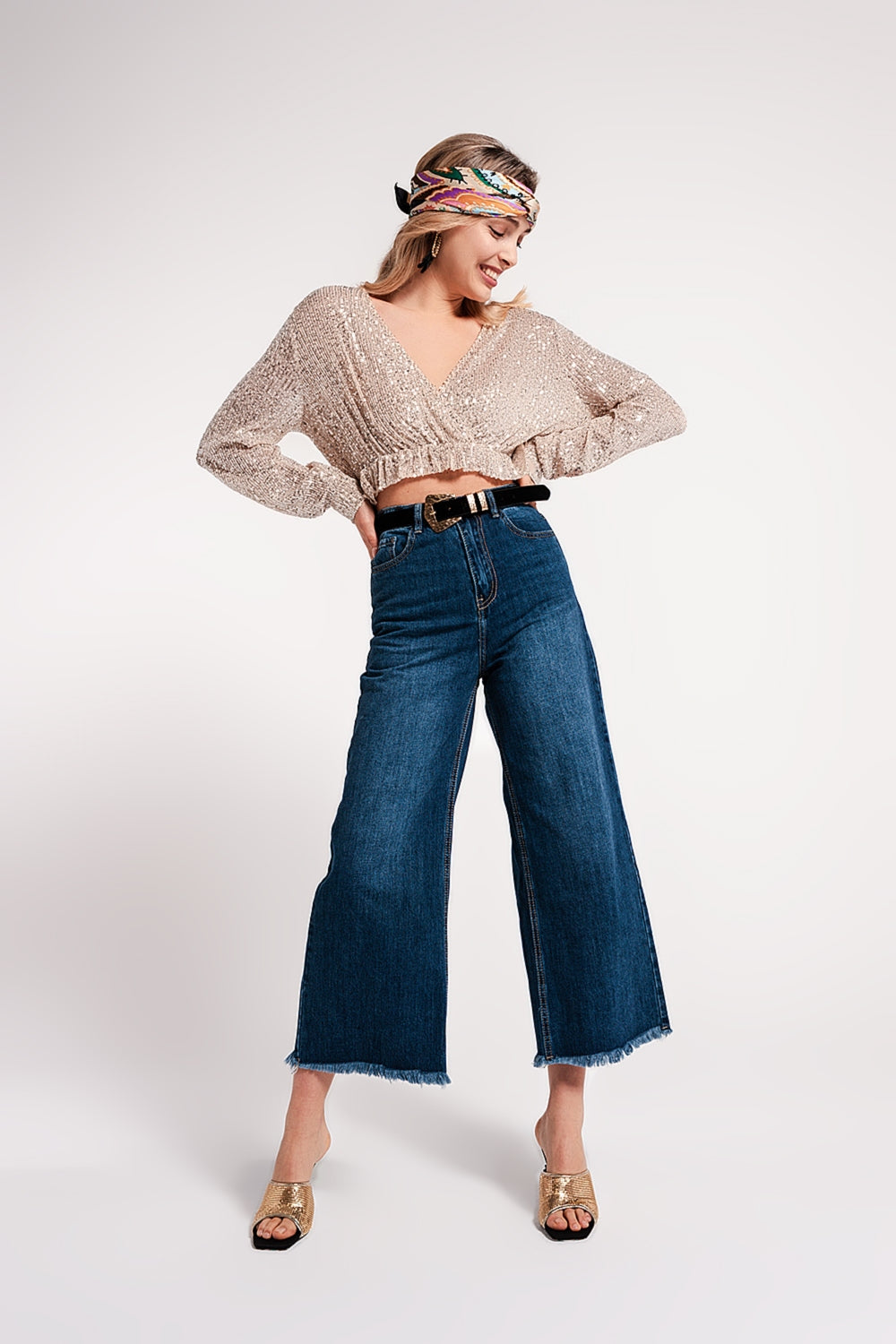 Jean Cropped déchiré avec ourlet à franges Bleu