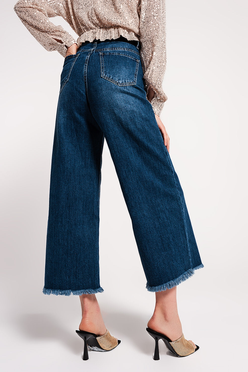 Jean Cropped déchiré avec ourlet à franges Bleu
