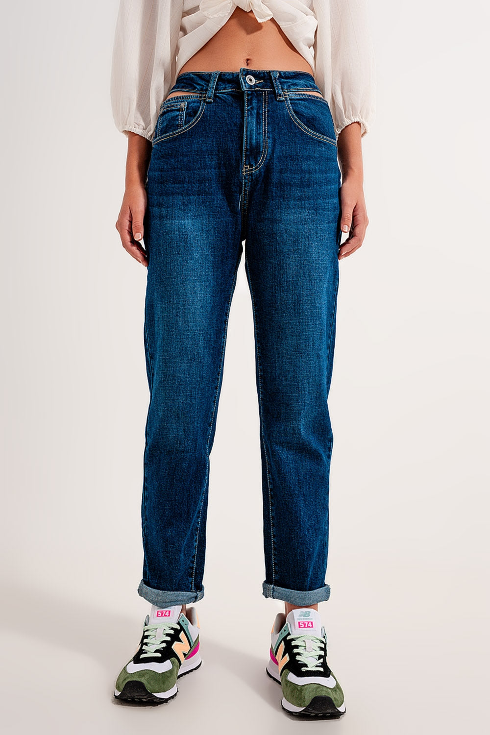 Jean cut out slim à taille haute de couleur bleue