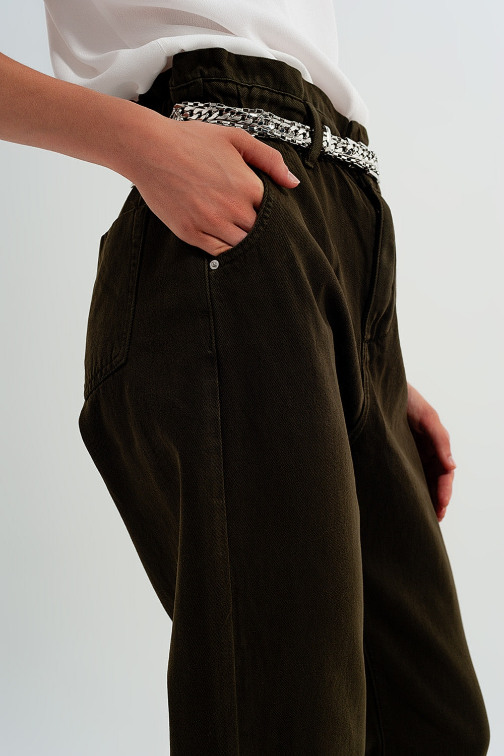 Jean dad décontracté à taille haute froncée Kaki