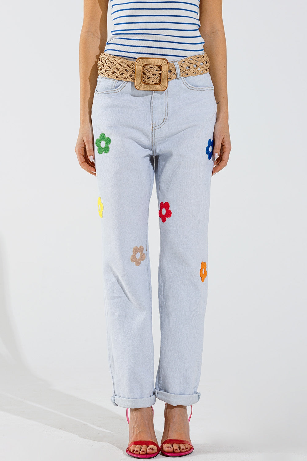 Q2 Jean décontracté blanchi à motifs floraux multicolores