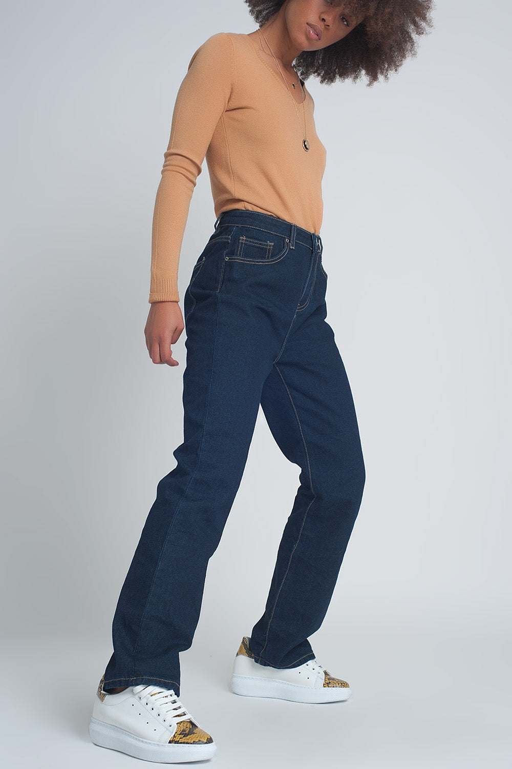Q2 Jean droit à taille haute Bleu foncé