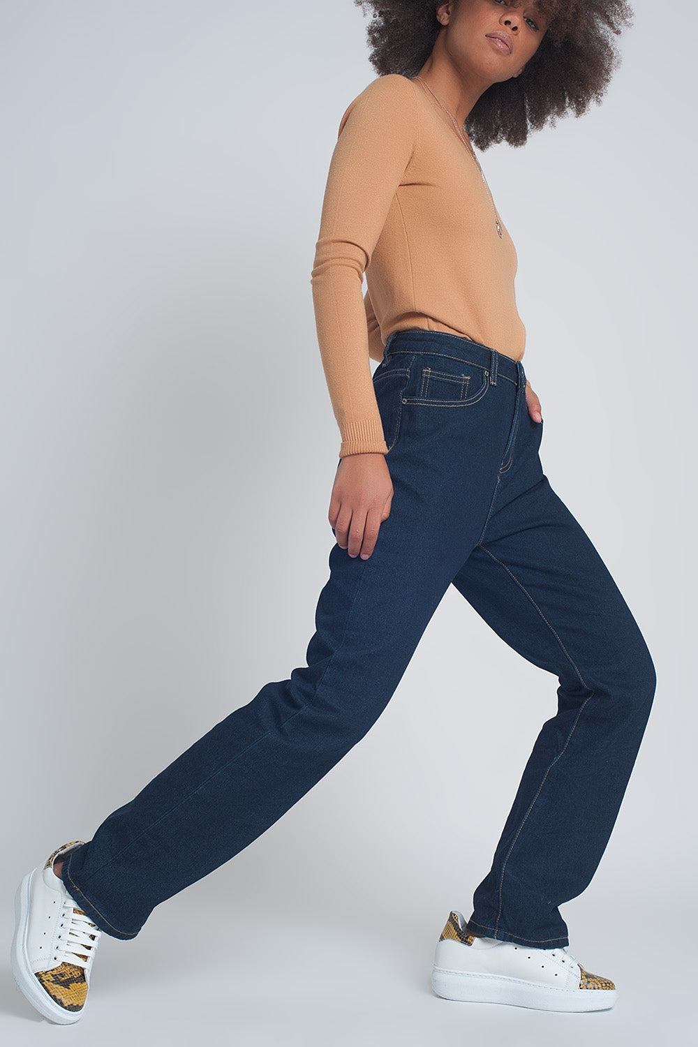 Jean droit à taille haute Bleu foncé