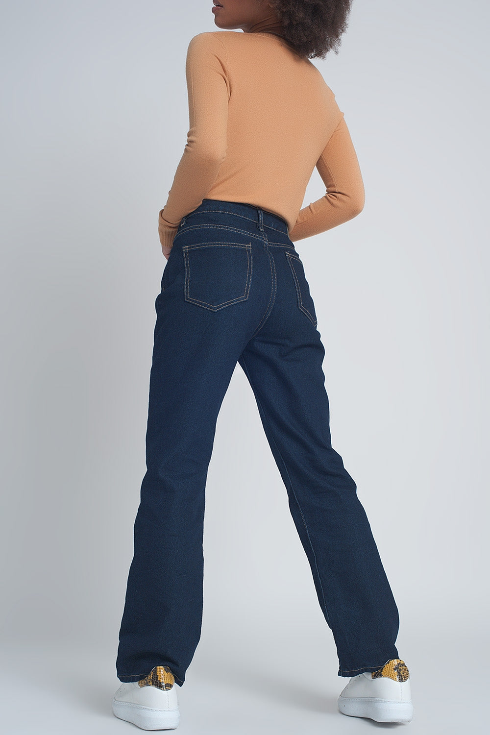 Jean droit à taille haute Bleu foncé