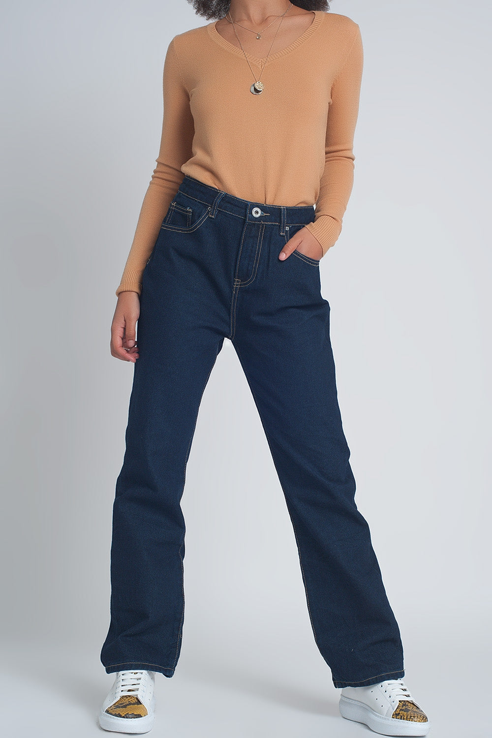 Jean droit à taille haute Bleu foncé