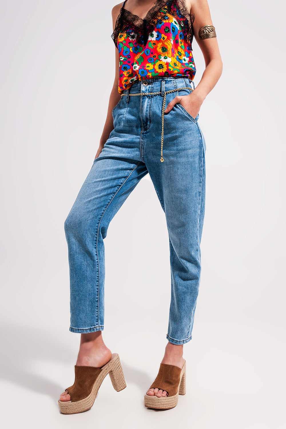 Jean droit à taille haute Délavage clair