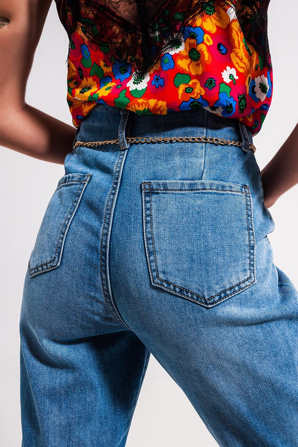 Jean droit à taille haute Délavage clair
