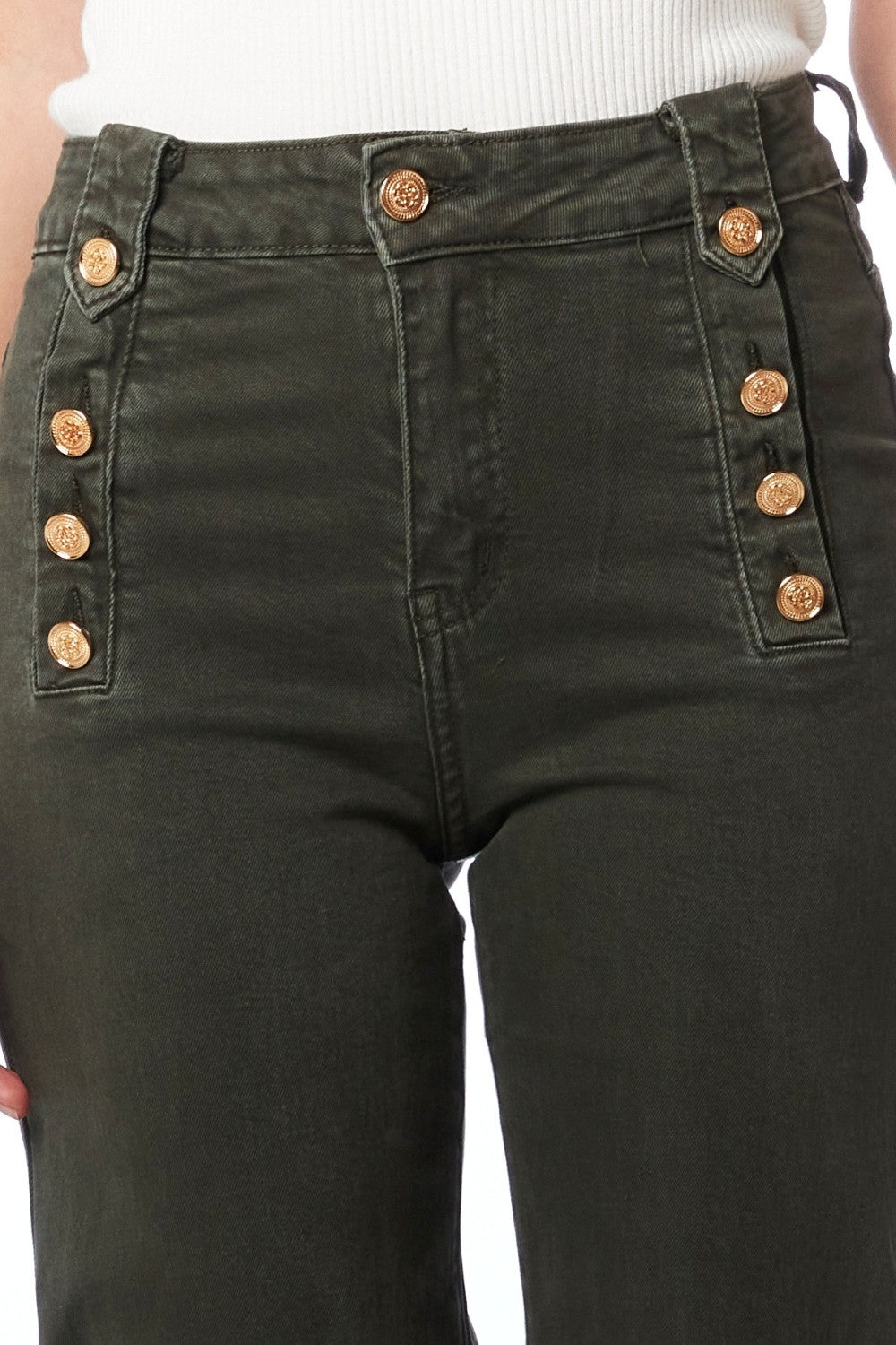 Jean droit avec boutons dorés sur le côté en kaki