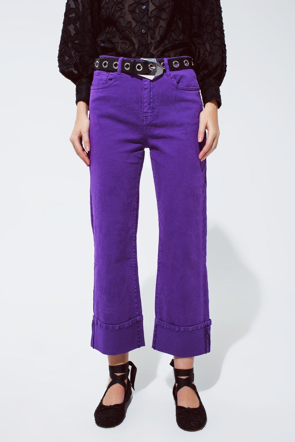 Q2 Jean droit avec ourlet raccourci couleur violet