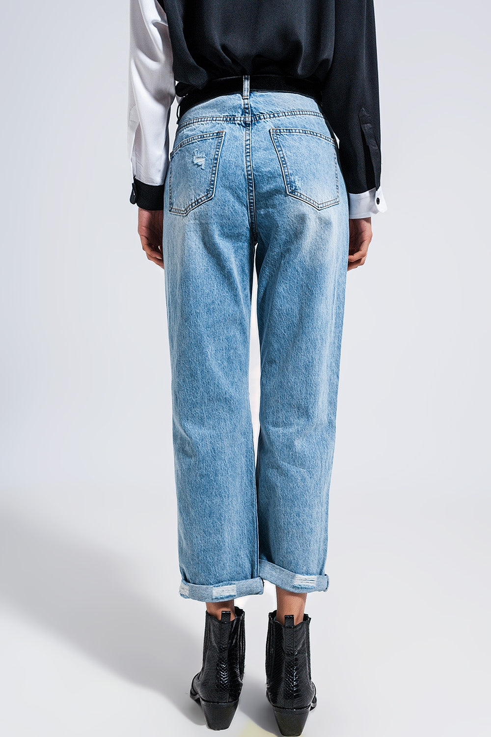 Jean droit en denim effet usé Bleu moyen