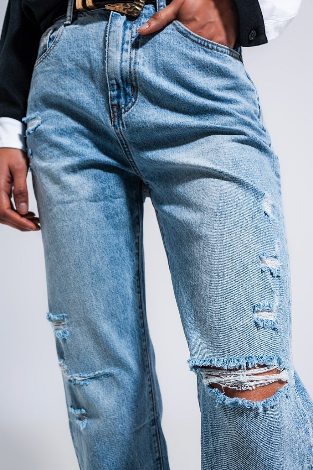 Jean droit en denim effet usé Bleu moyen
