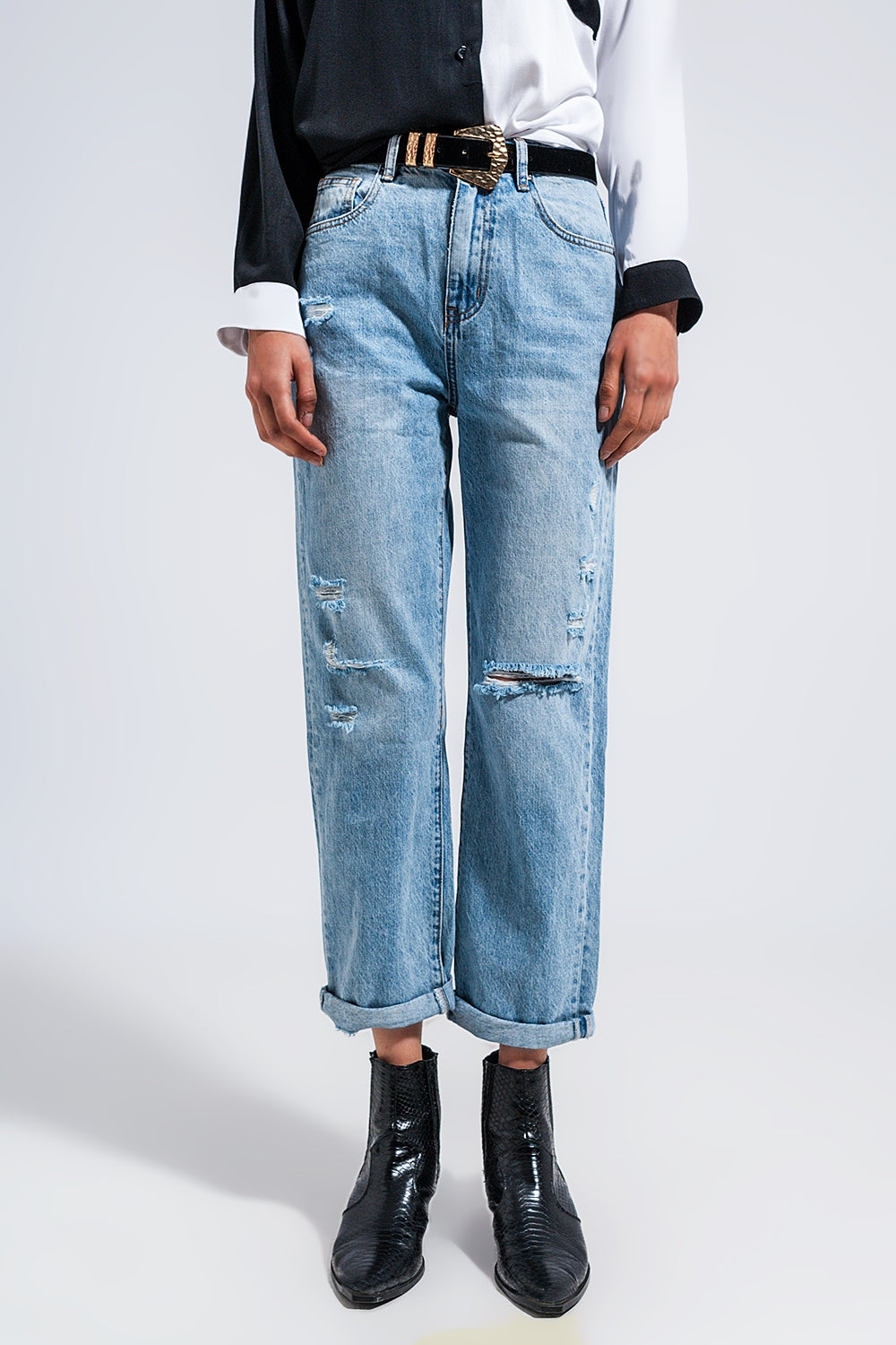 Jean droit en denim effet usé Bleu moyen