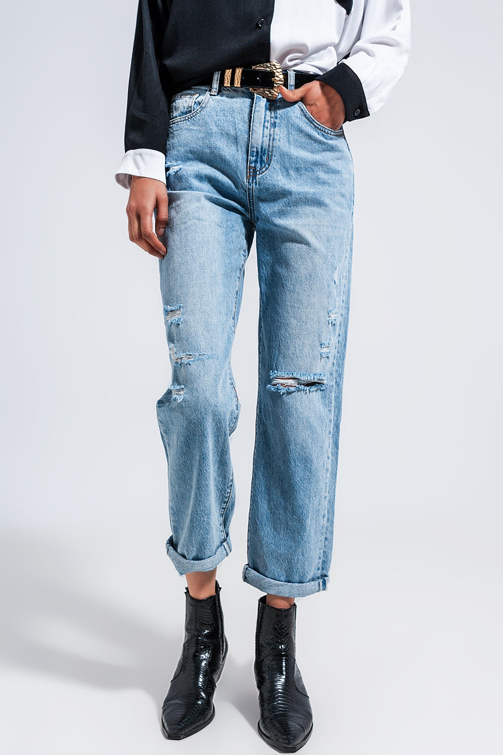 Jean droit en denim effet usé Bleu moyen