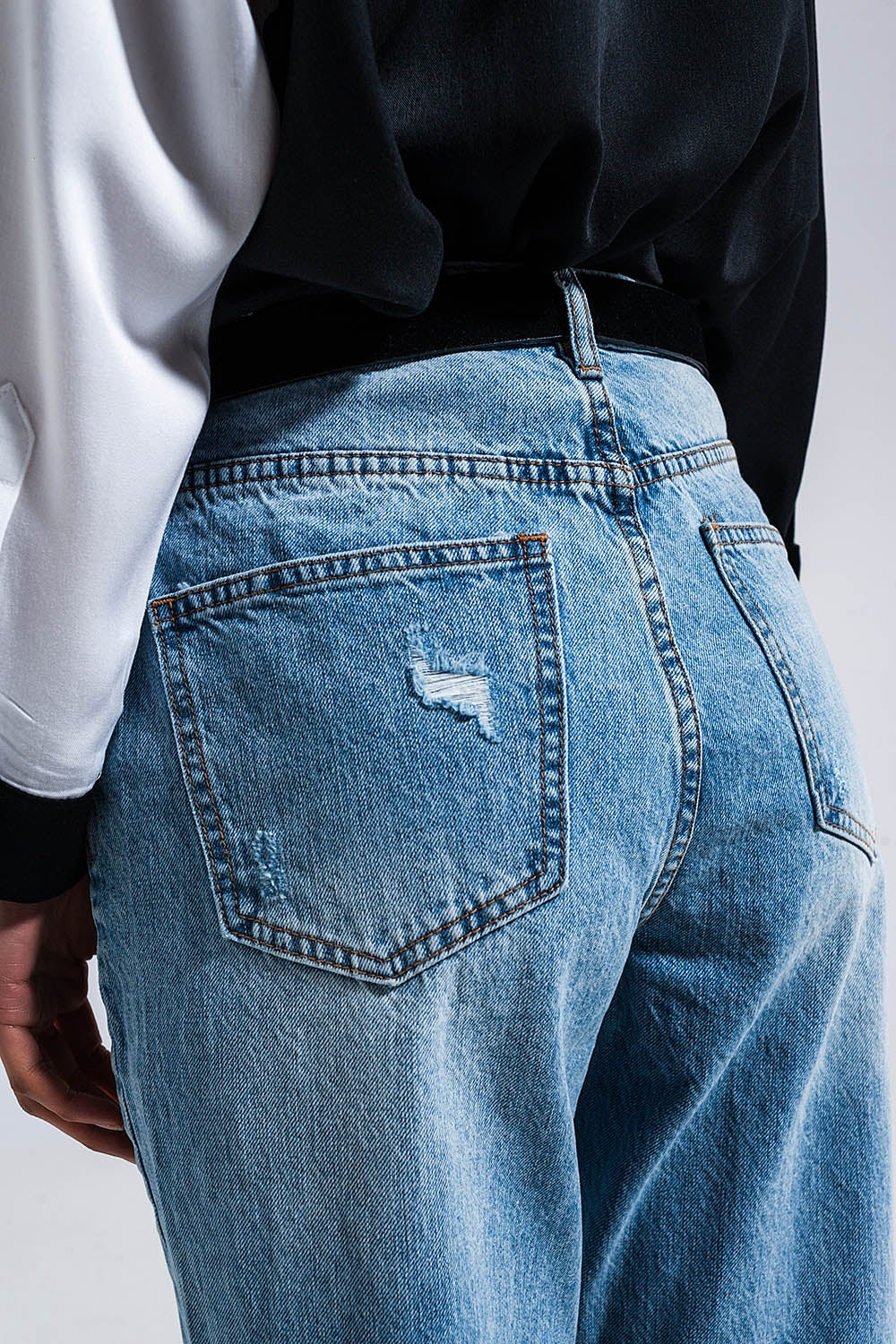 Jean droit en denim effet usé Bleu moyen