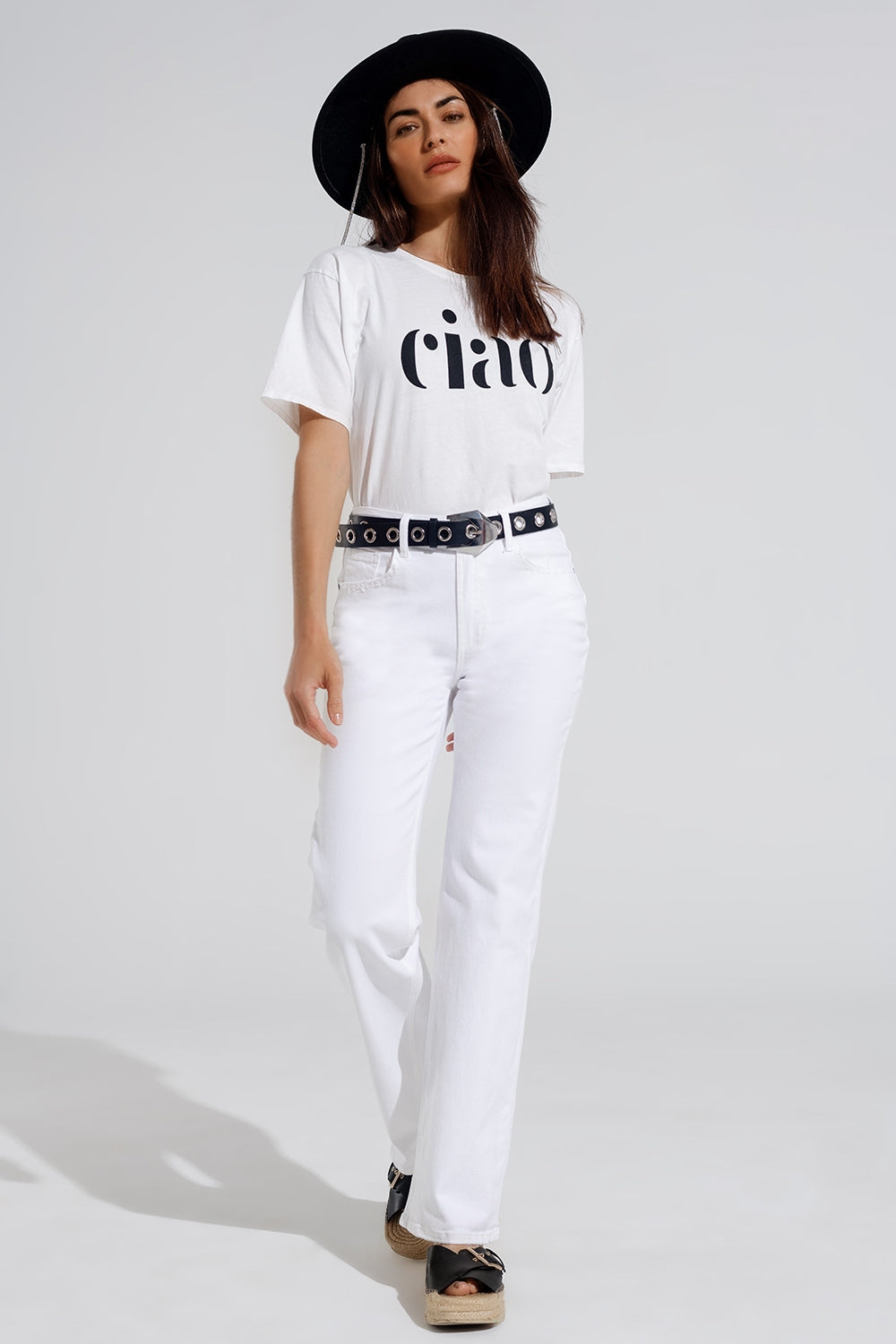 Jean droit en denim stretch avec 5 poches en blanc