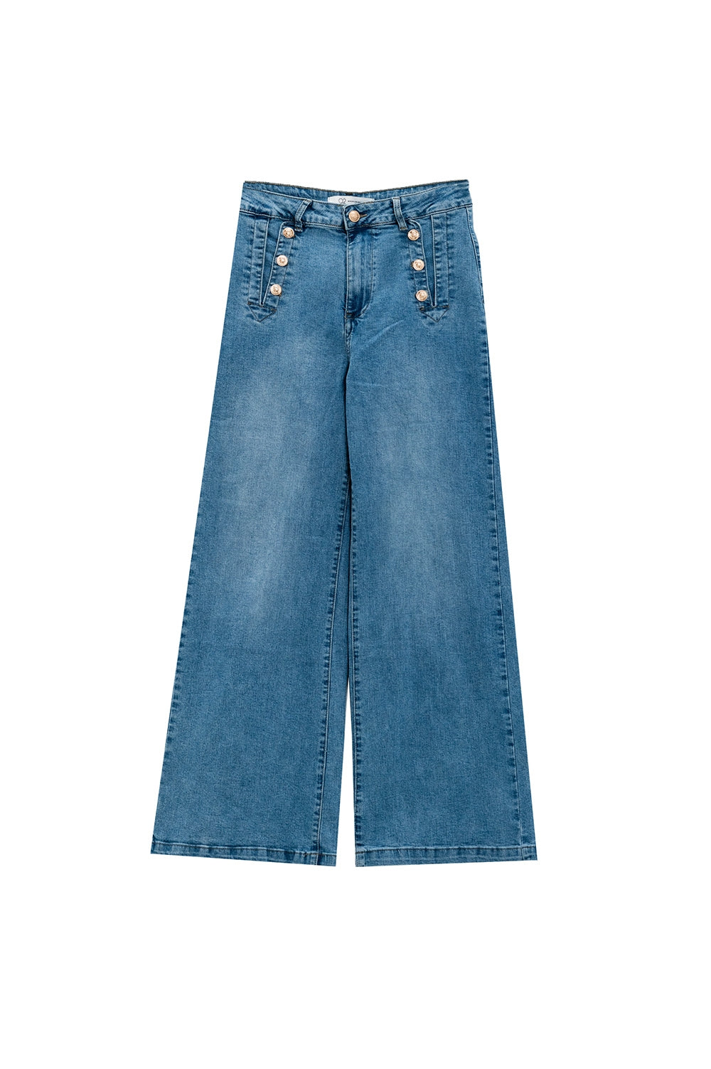 Jean droit évasé en bleu délavé avec détails de boutons