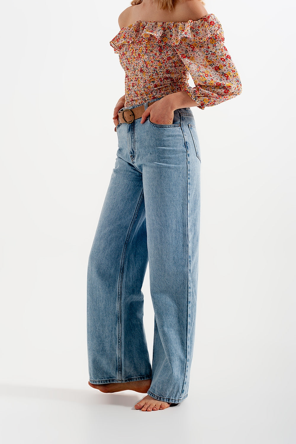Jean droit large à taille haute bleu clair