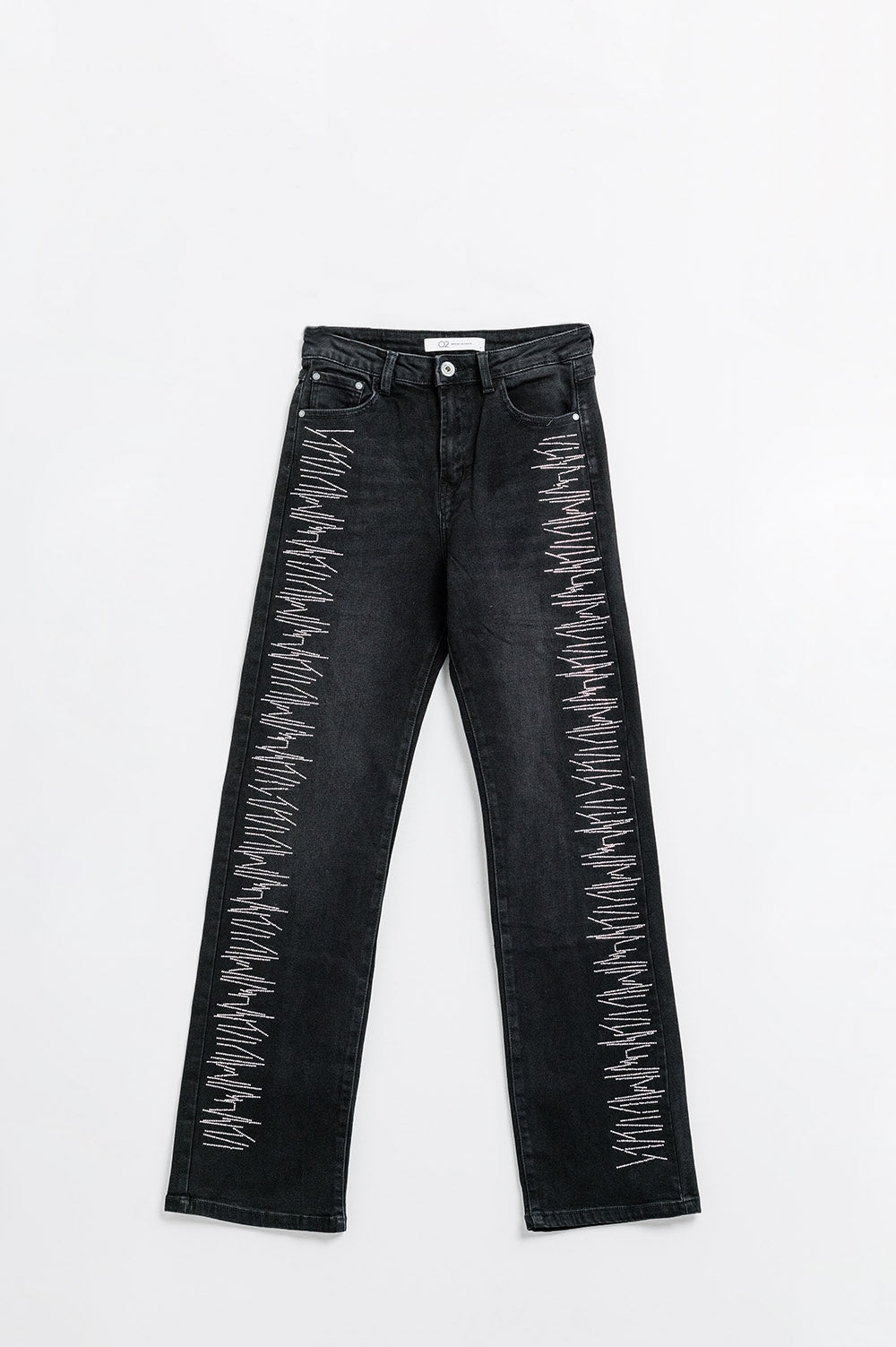 Jean droit noir avec détails en strass argentés
