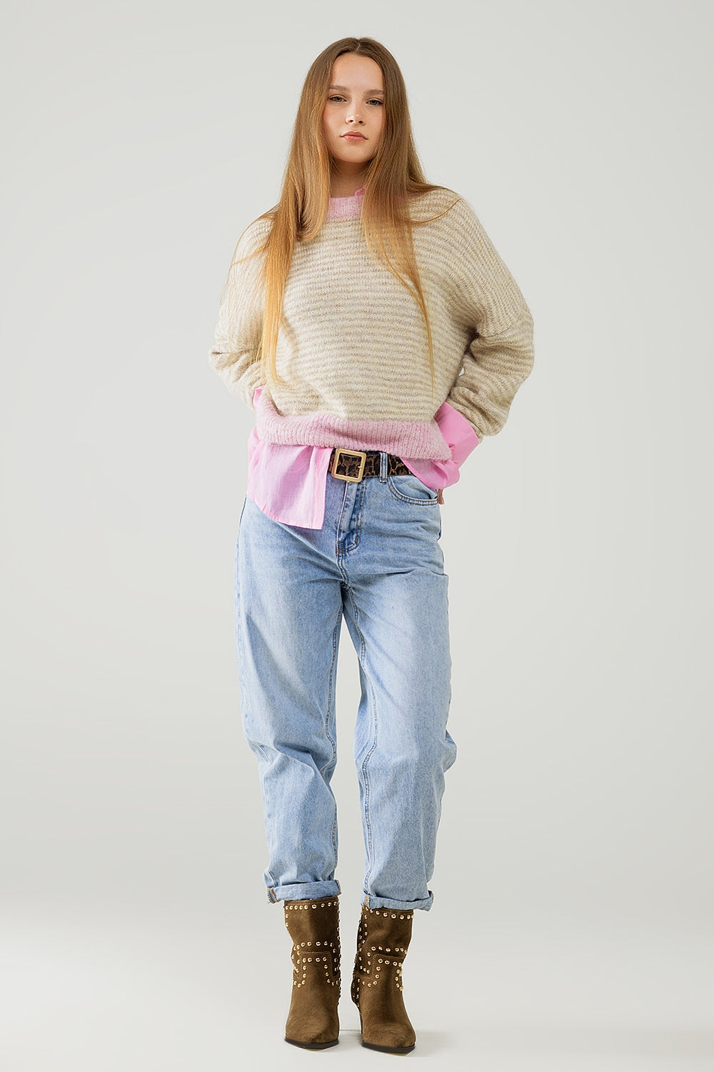 Jean droit taille haute à délavage clair
