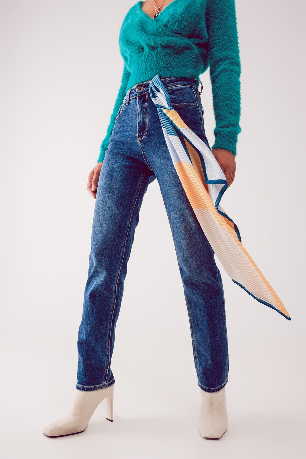 Q2 Jean droit taille haute en coton mélangé Bleu profond
