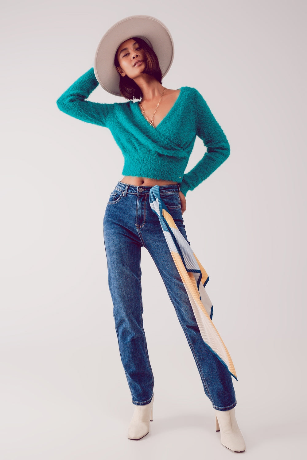 Jean droit taille haute en coton mélangé Bleu profond