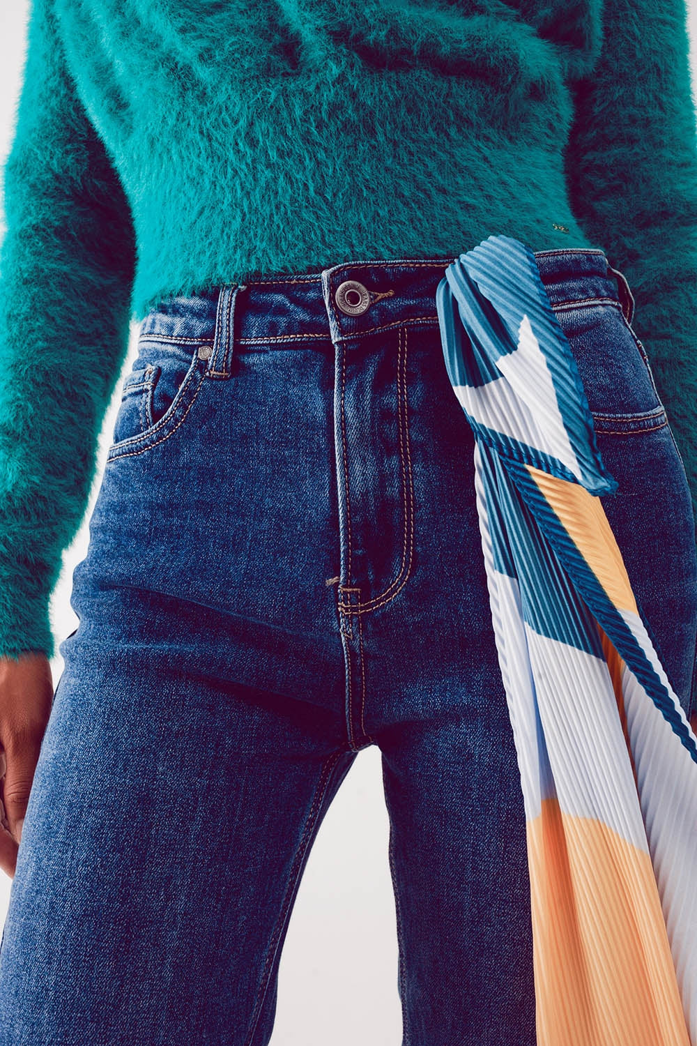 Jean droit taille haute en coton mélangé Bleu profond