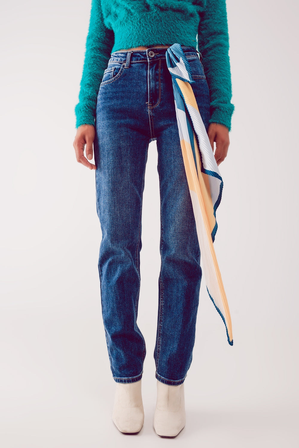 Jean droit taille haute en coton mélangé Bleu profond