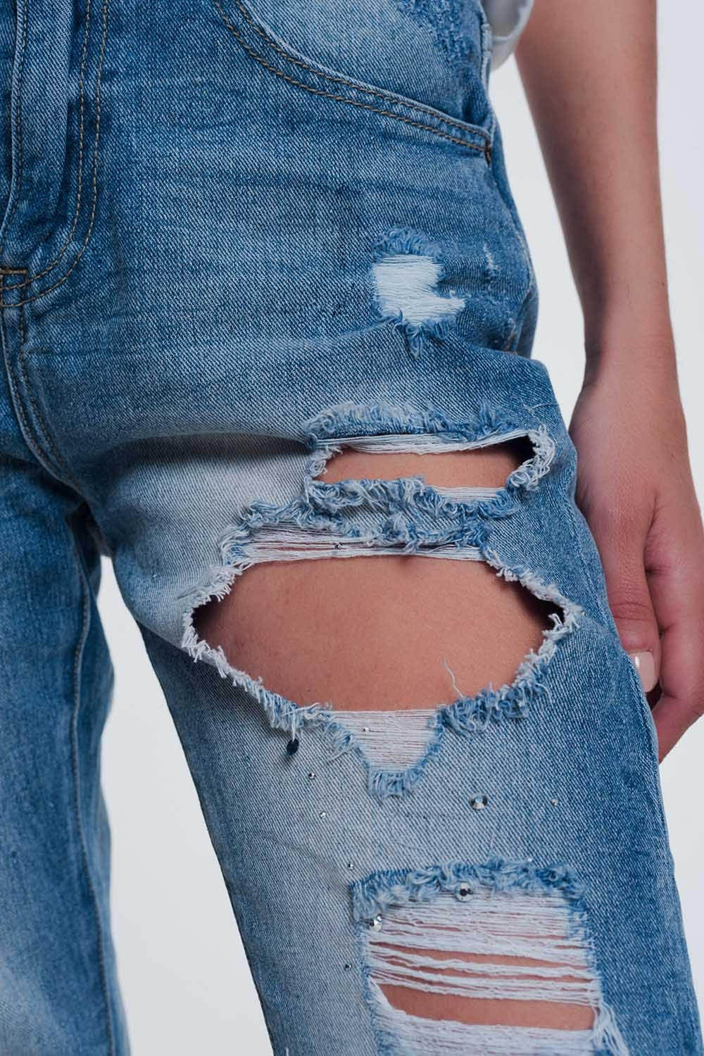 Jean droit ultra taille haute à déchirures Bleu clair
