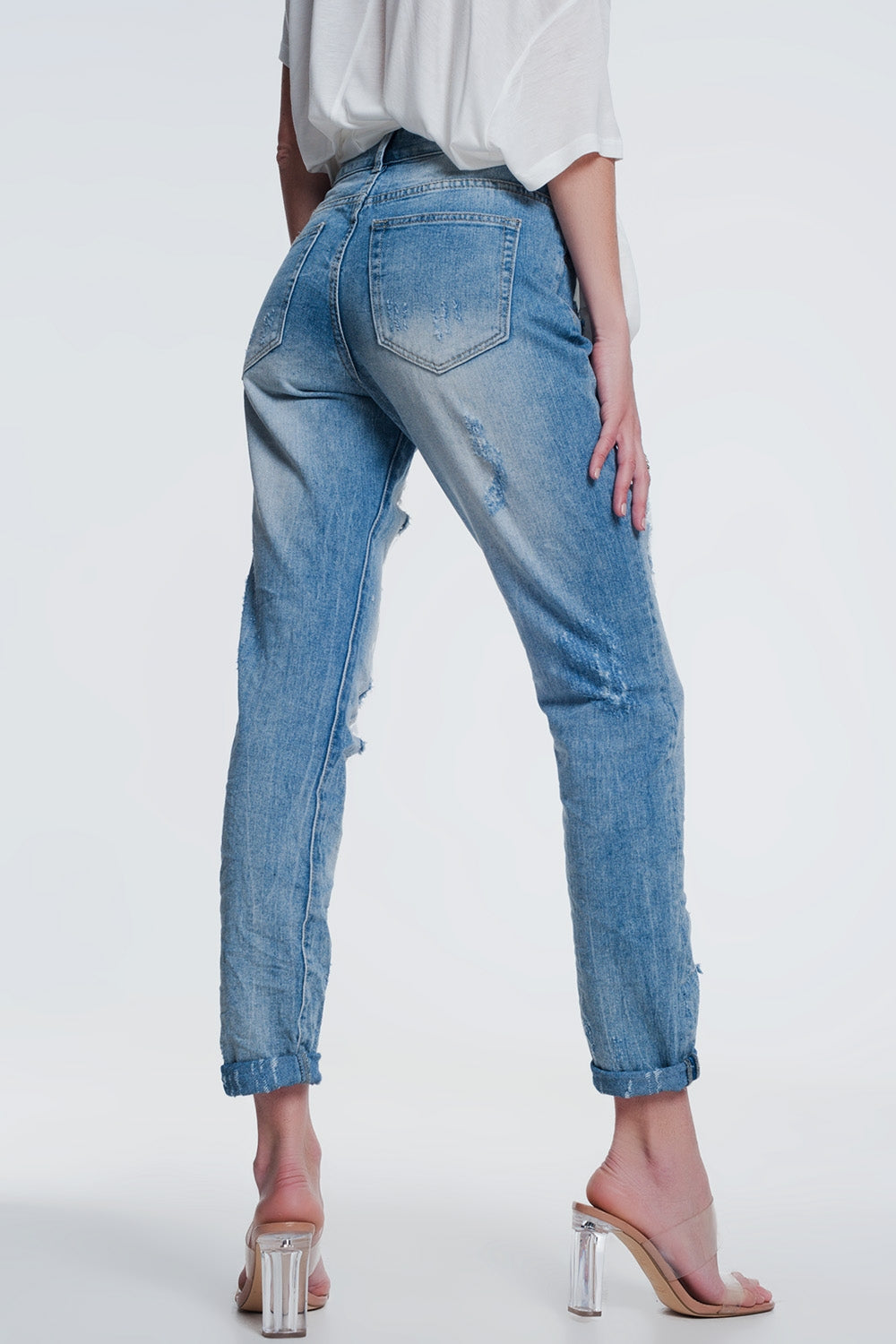 Jean droit ultra taille haute à déchirures Bleu clair