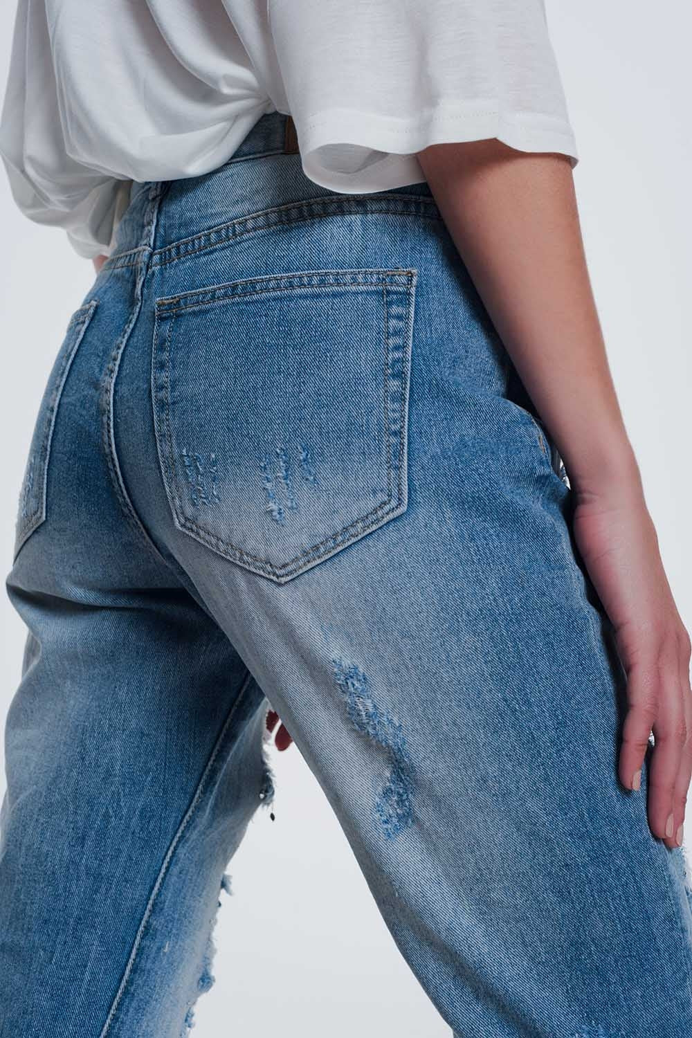 Jean droit ultra taille haute à déchirures Bleu clair