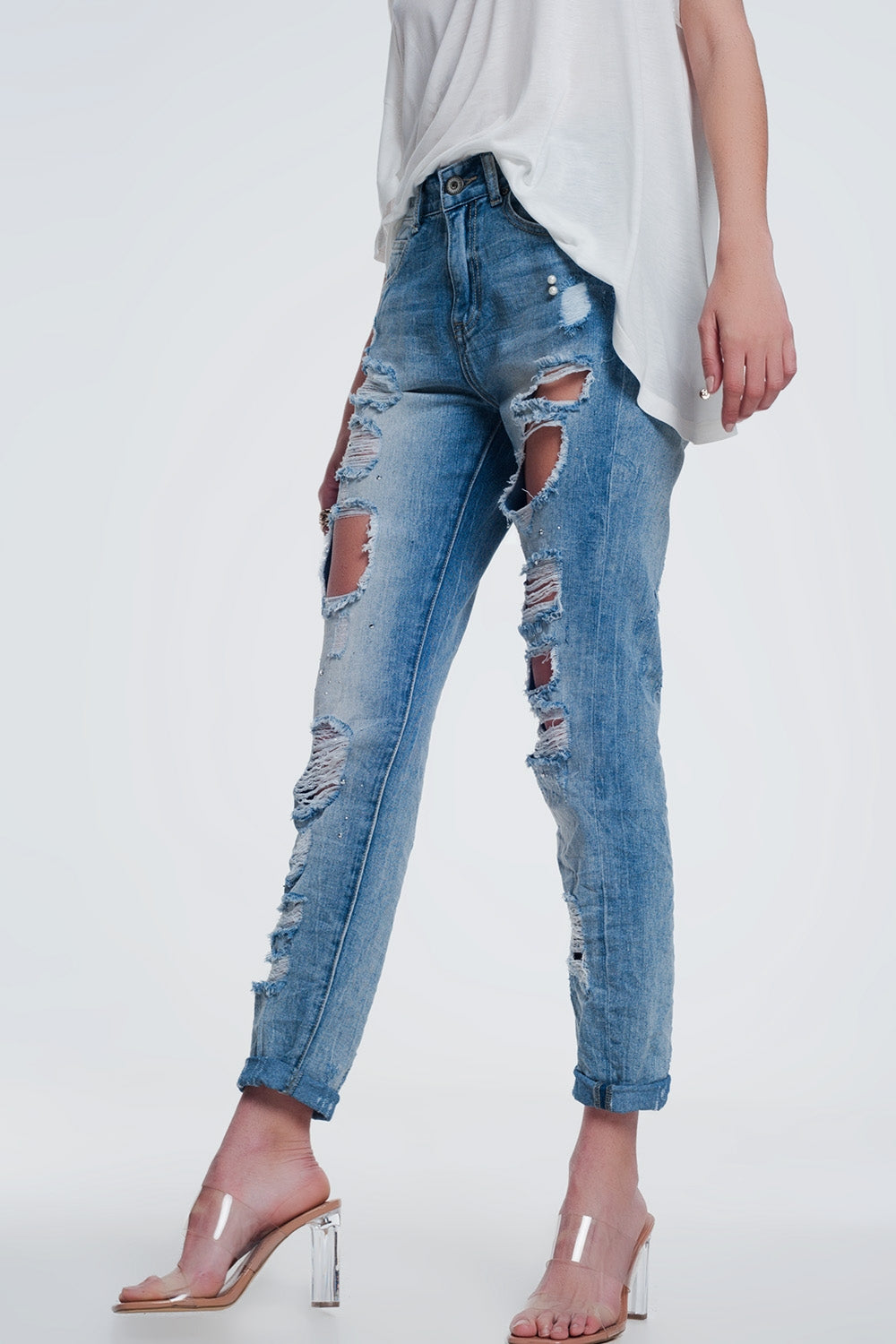 Jean droit ultra taille haute à déchirures Bleu clair