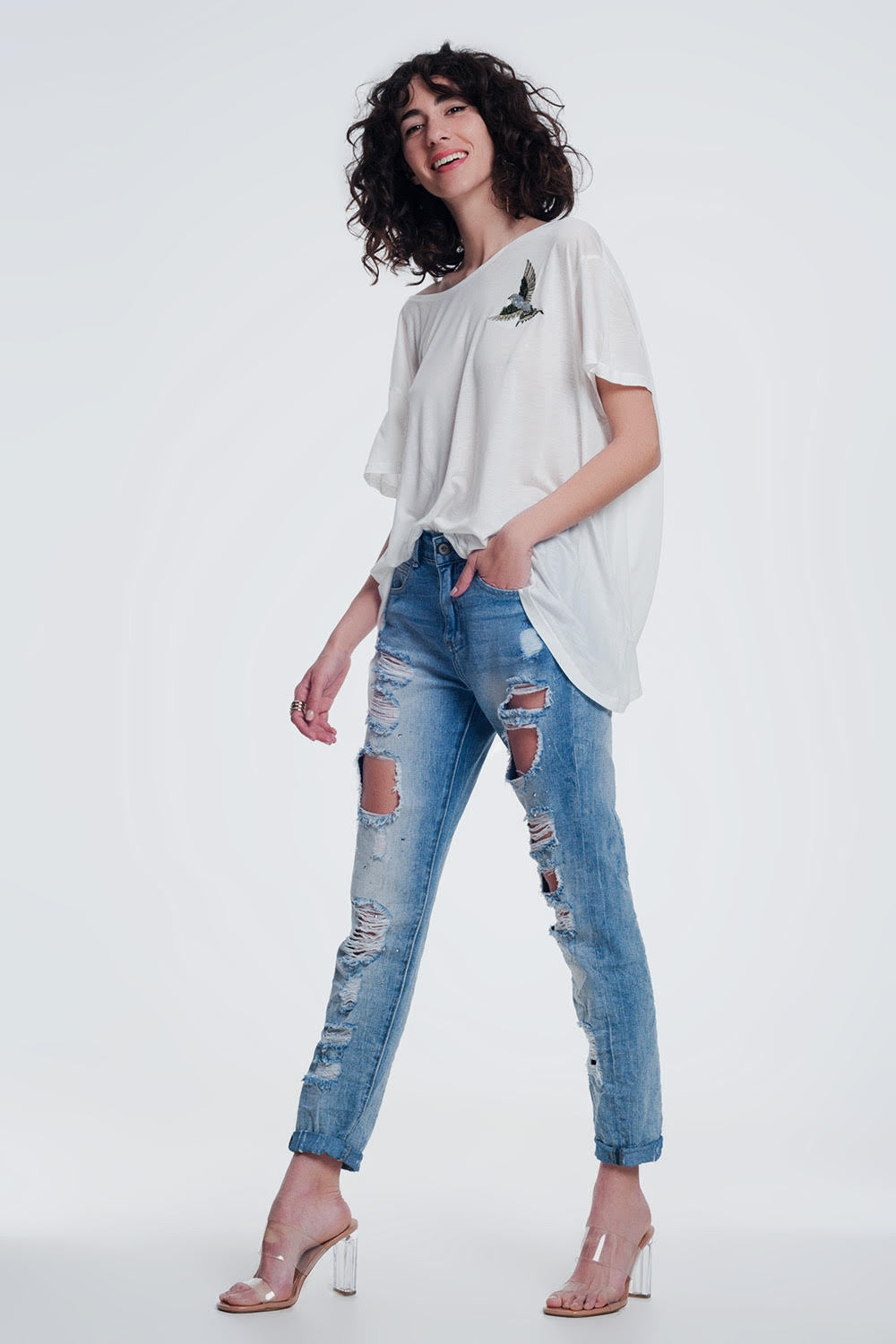 Jean droit ultra taille haute à déchirures Bleu clair