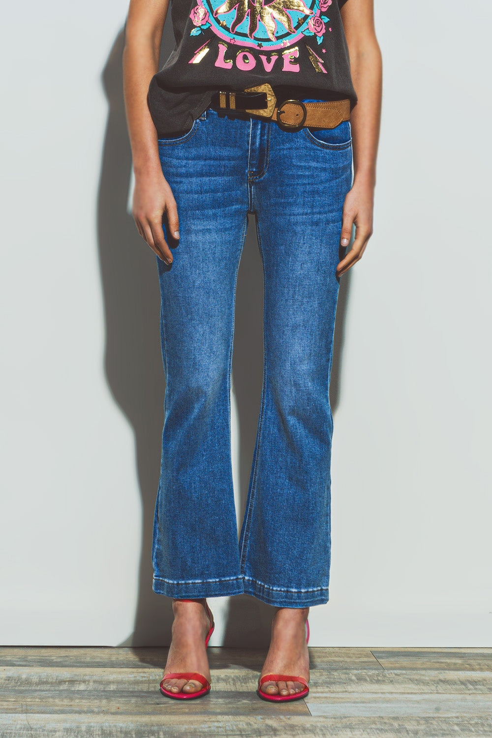 Jean évasé à taille double boutonnée en denim bleu