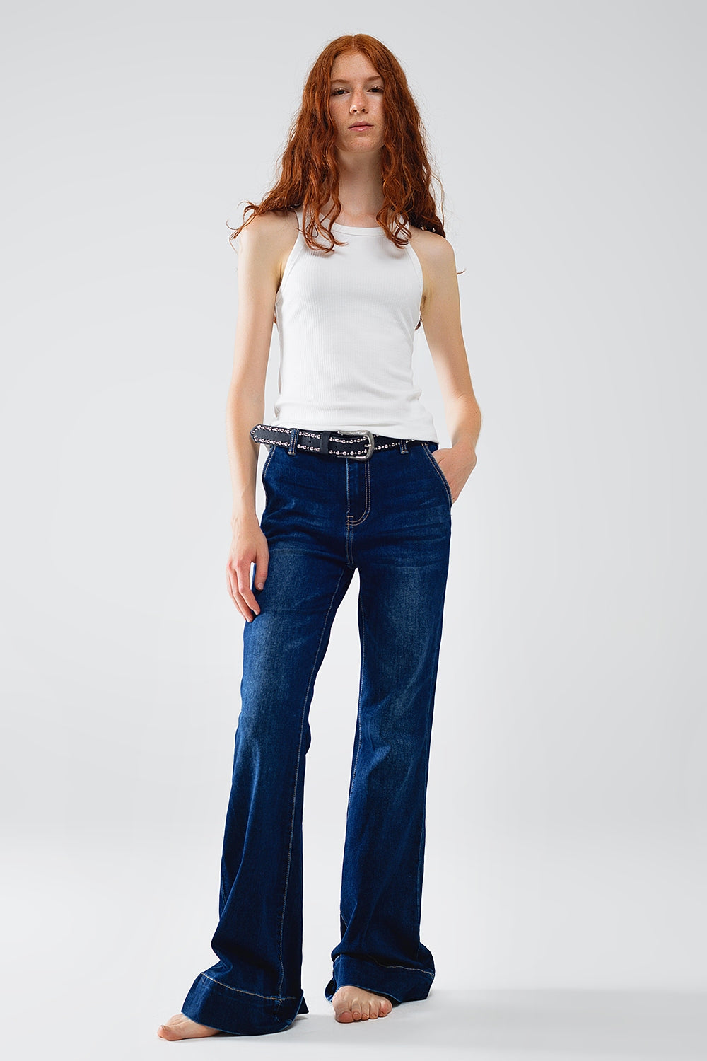 Jean évasé taille haute bleu foncé