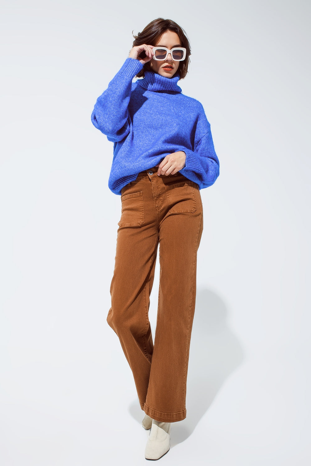 jean flare à taille haute et poche avant camel