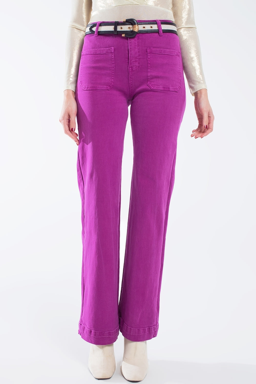 jean flare à taille haute et poches avant en magenta