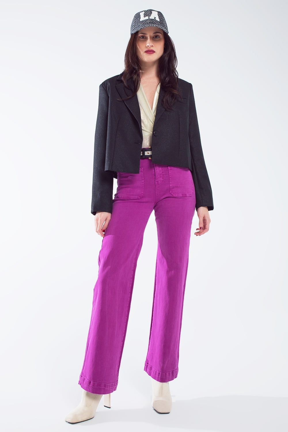 jean flare à taille haute et poches avant en magenta