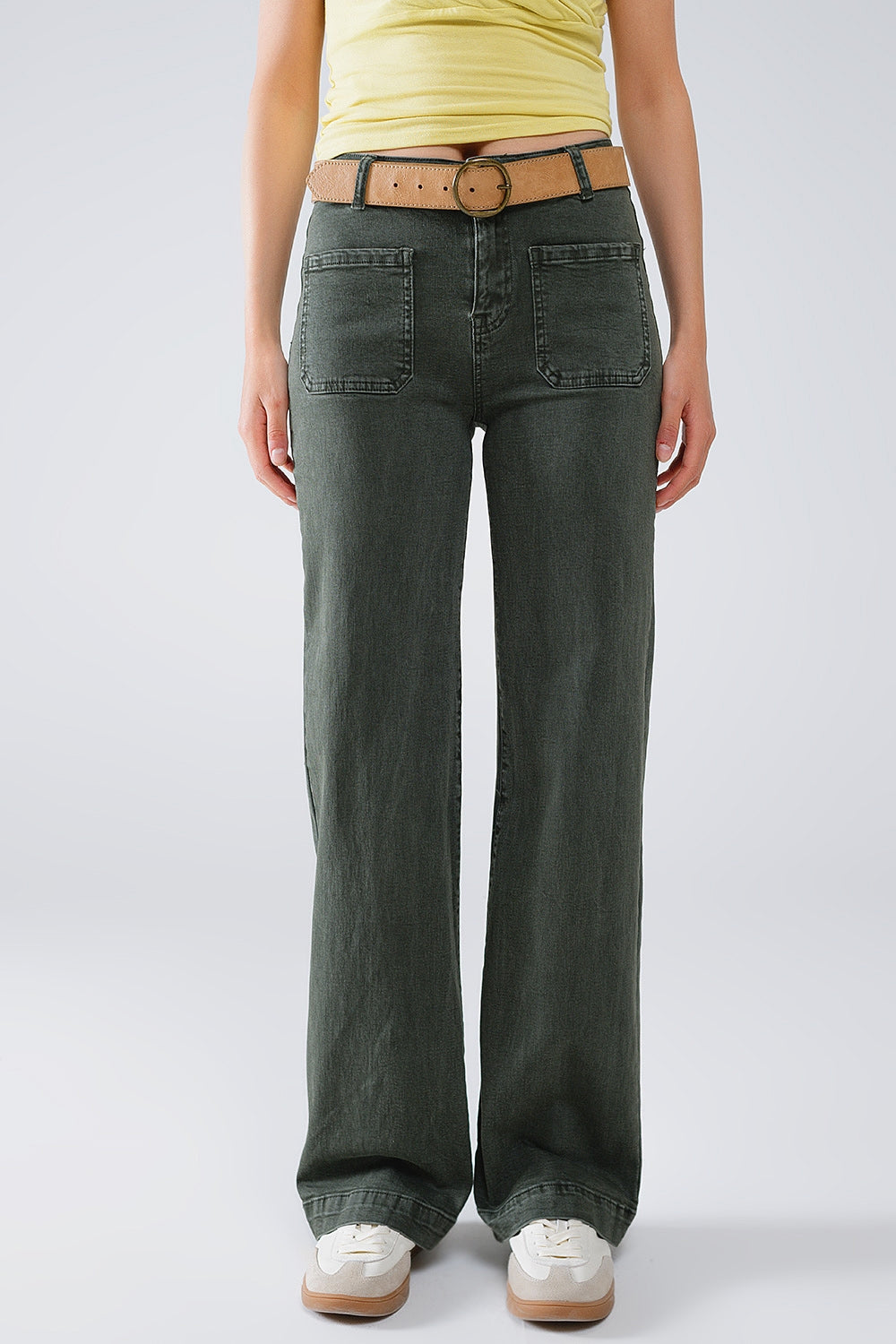jean flare à taille haute et poches avant kaki foncé