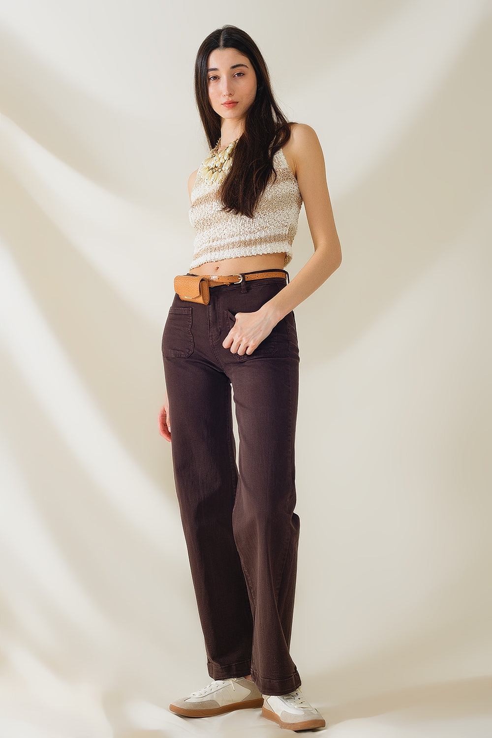 jean flare à taille haute et poches avant marron foncé